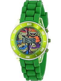 Ninja Turtles Kids' Digital Watch with Matallic Green Bezel, Flashing LED Lights, Green Strap - Kids Digital Watch with Teenage Mutant Ninja Turtles on the Dial, Safe for Children - Model: TMN4008