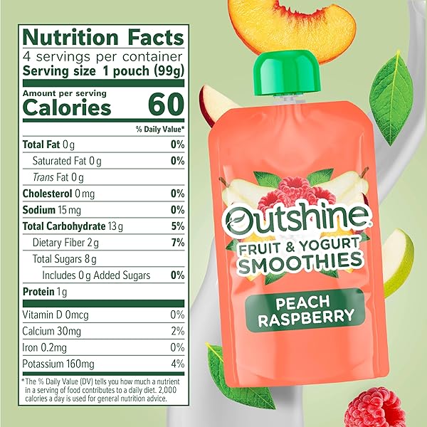 OUTSHINE FRUIT & YOGURT SMOOTHIE PEACH RASPBERRY, SMOOTHIE POUCH, ON THE GO SNACK, 4PK 3.5 OZ