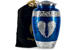 EVERGREEN MEMORIALS Blue Cremation Urn for Adult Human Ashes Male and Female – Large Funeral Burial Urns with Angel Wings, Decorative Memorial Ash Holder