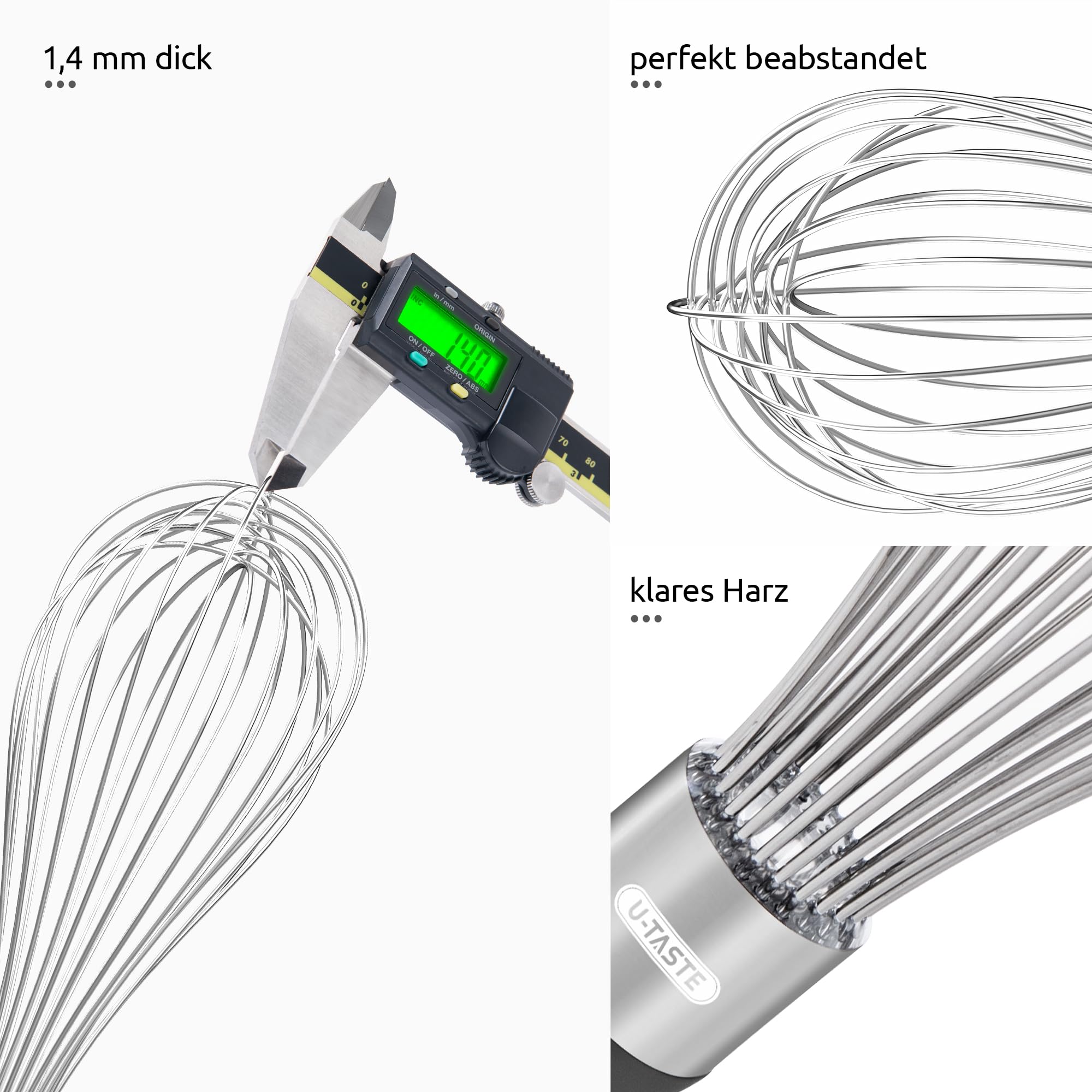 U-Taste Küchen-Schneebesen: 30 cm großer Ballonschneebesen aus Edelstahl 18/10 mit 12 hochflexiblen Drähten und Silikongriff zum Schlagen Vermengen und Verrühren von Teig und Soßen (Schwarz) 6