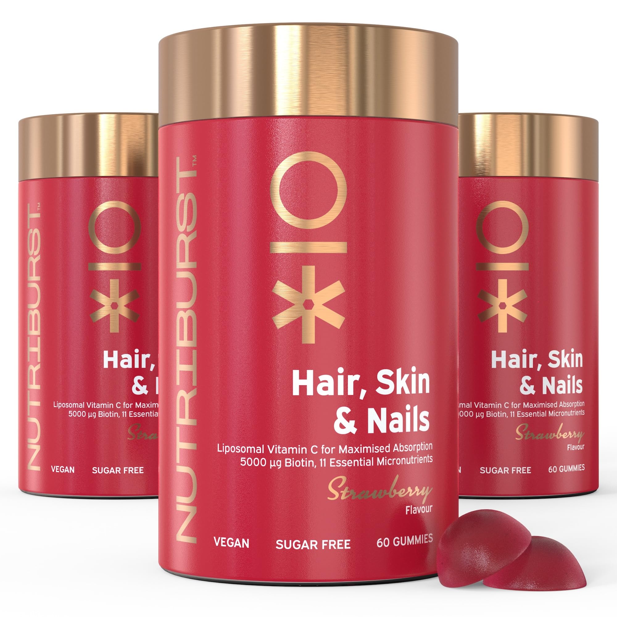 Nutriburst Hair, Skin & Nails Multipack - Supports Skin, Builds Collagen & Nail Strength - 5000 mg Biotin, Zinc + Vitamin A, C, D, E - Vegan & Sugar Free - 180 Strawberry Gummies - 3 Month Supply