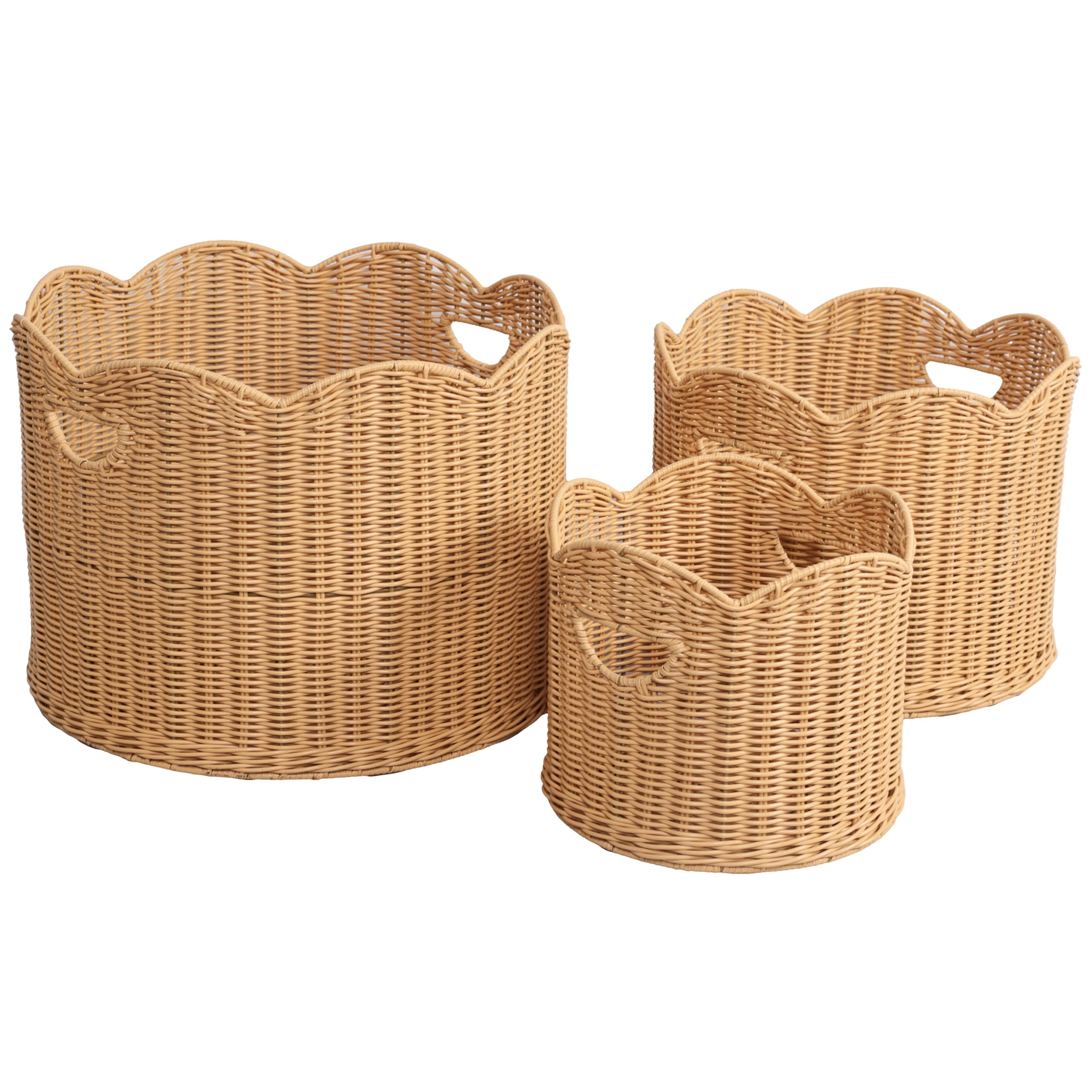 Photo 1 of **MISSING MEDIUM BASKET**happimess BSK2024A-3SET Maris Contemporary Cottage Resin/Metal Scalloped Edge Nesting Storage Baskets with Handles, Seagrass Containers for Decoration in Living Room, Bedroom, Natural (Set of 3)