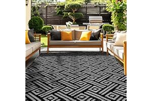 OPPODREAM Outdoor Rug 9x12 Patio Waterproof, Large Outdoor Plastic Straw Rug, Reversible Out Door Carpet for Camping, Deck, Rv, 9 x 12 Area Carpet for Balcony, Porch, Backyard, Black and Grey