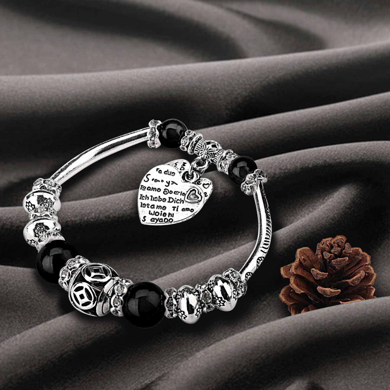 UHIBROS Silver Plated Bangles Snake Chain Pink Crystal Beads Love Heart Beads Glass Charm Bracelet For Women Girl\'s Christmas Birthday Anniversary Valentine\'s day Valentine Gift