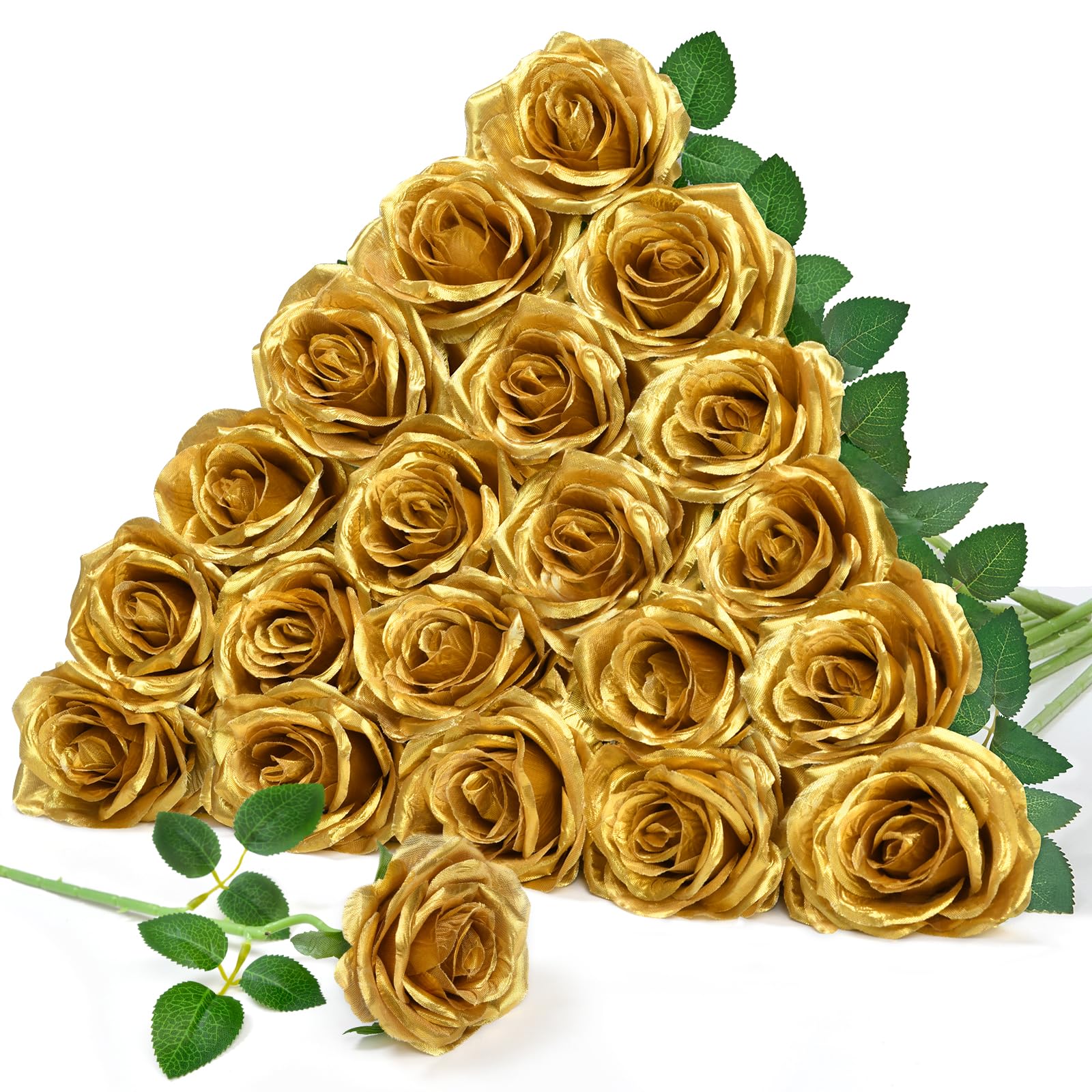 Photo 1 of Serwalin 20pcs Artificial Gold Roses, 4'' Big Flower Head, Fake Roses Velvet Real Touch, Silk Roses Long Stems Realistic Bouquet for Wedding Parties Table Centerpiece and Home Decor