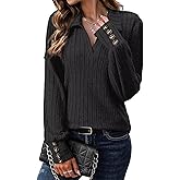 Flamingals Women's Knitted Collared V Neck Shirts Tops Button Cuff Long Sleeve Dressy Casual Polo Tops Fall Fashion
