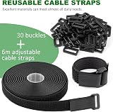 Yiezio 6m Cable Straps 30 Buckles Hook Loop Ties Organizer 2cm Black Adjustable view 3