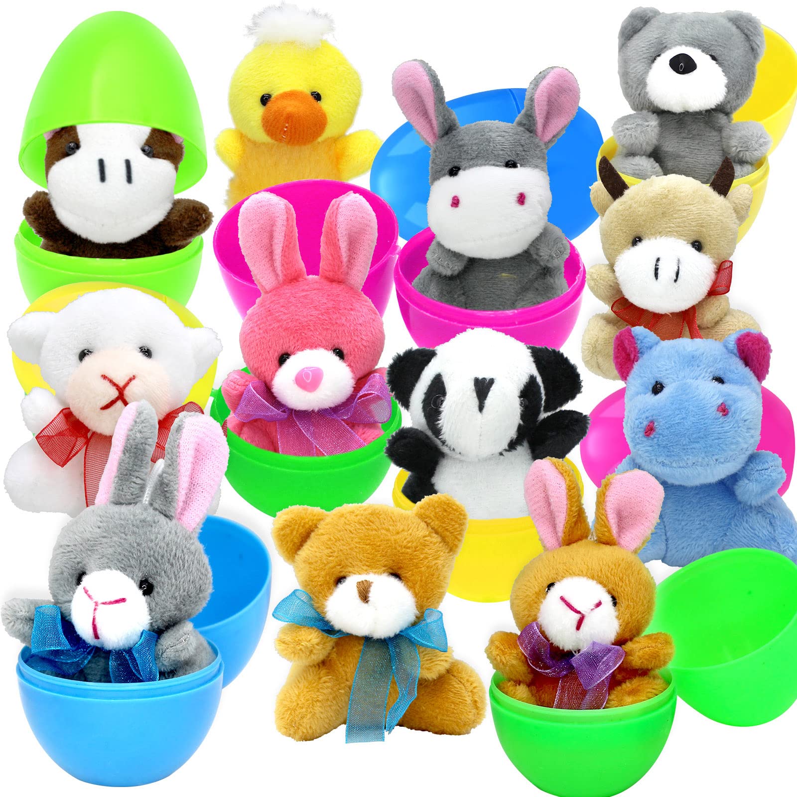 CH HAICHENG 12PCS Filled Easter Eggs with Plush Animal Toys Inside, Prefilled Easter Eggs for Easter Eggs Hunt, Easter Basket Stuffers Fillers, Easter Classroom Prize Supplies