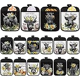 Jingmore 12 Pcs Highland Cattle Pot Holders with Pocket Sunflower Cow Pot Holders for Kitchen Hot Pads and Oven Mitts Floral Farmhouse Oven Gloves for Funny Gift Baking Cooking