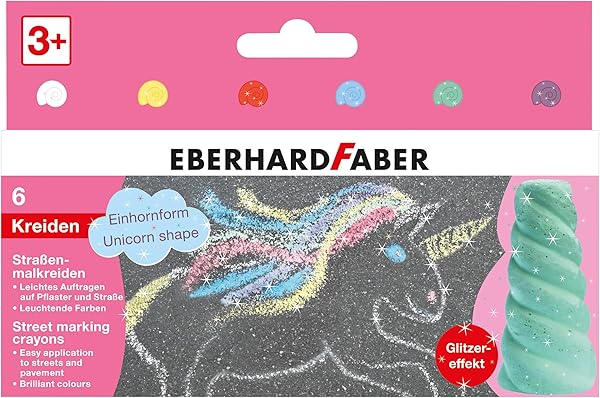 Eberhard Faber 526560 - Straßenkreide Glitzer Einhorn, 6 leuchtende Farben Straßenmalkreide mit Glitzereffekt