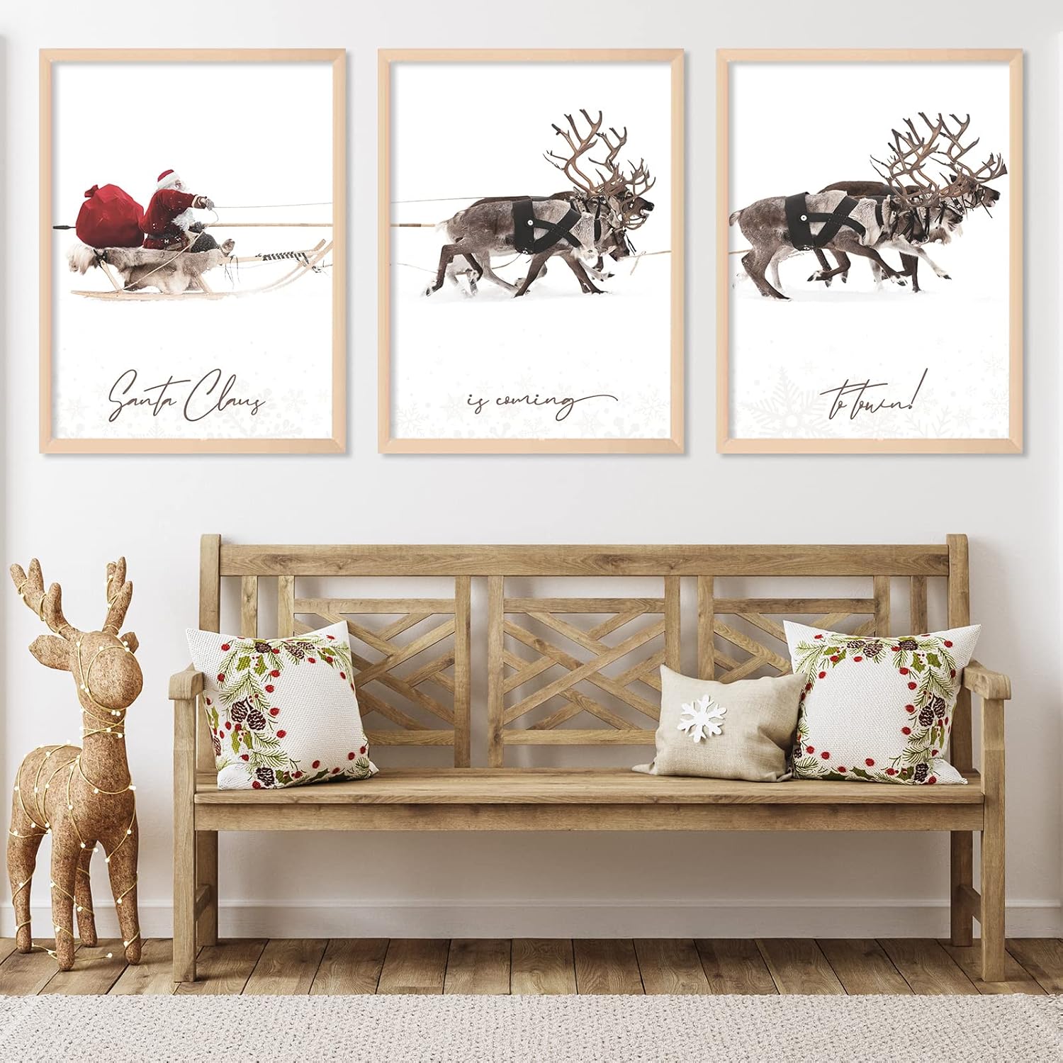 Posters & Prints - AnyDesign 3Pcs Christmas Wall Art Prints 12x16in Santa Claus Reindeer with Sleigh Art Poster Decor Large Aesthetic Xmas Posters Room Decor for Gallery Living Room Bathroom Wall Decor(UNFRAMED)