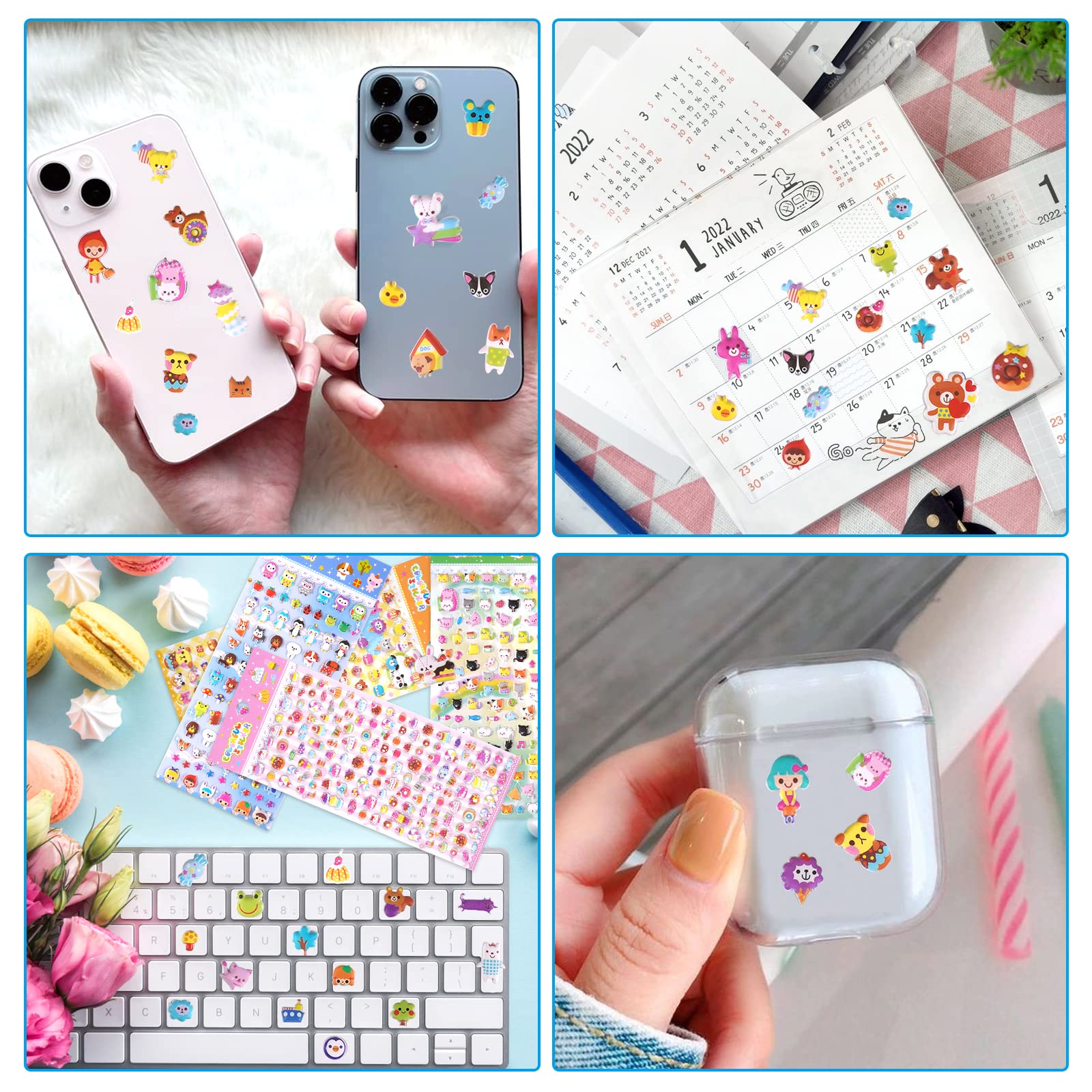 SHANGRLA 870 PCS Cute Mini Puffy Stickers for Kids Girls 3D Small Tiny Stickers Including Cartoon Animals Cat Rabbit Dog Puppy Kitten Bunny Food Donuts Hearts for Adults Phone Case Laptop,8 Sheets.