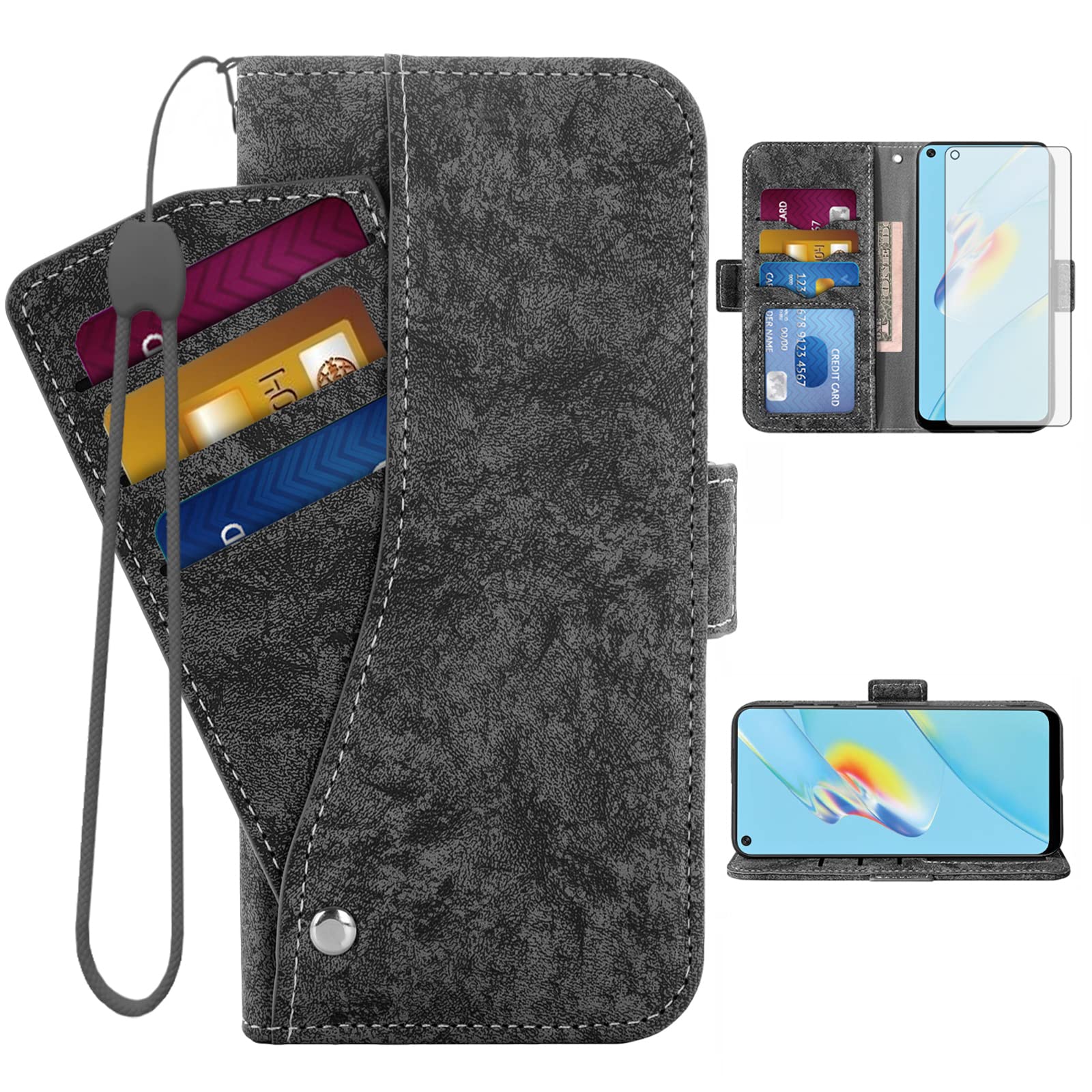 Asuwish Compatible with OPPO A74 5G/A54 5G Wallet Case Tempered Glass Screen Protector Card Holder Stand Kickstand Cell Accessories Leather Flip Phone Cover for A93 5G/A93S 5G Women Men Girly Black