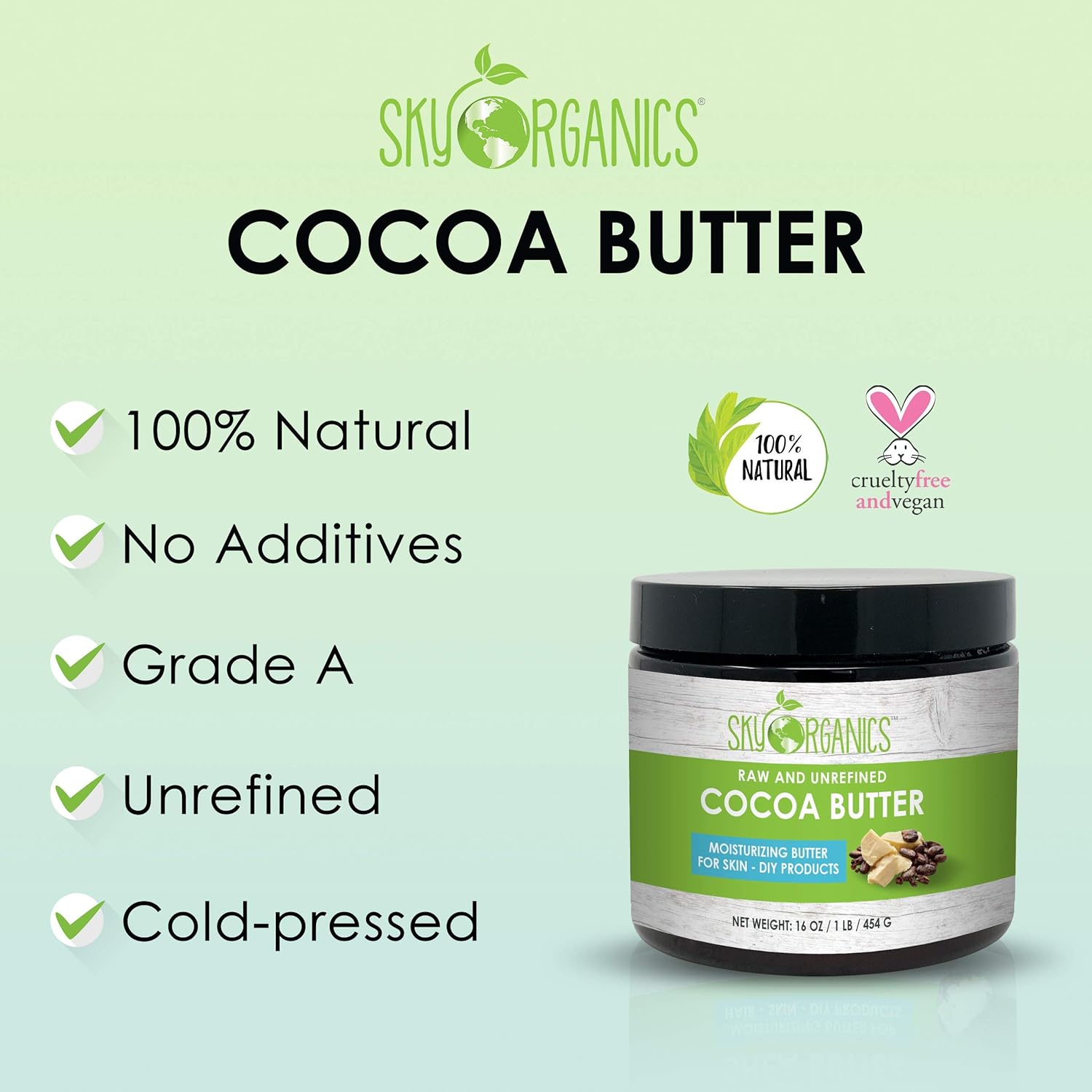 Cocoa Butter by Sky Organics (16 oz) Pure Unrefined Raw Cocoa Butter for Body, Hair and DIY Raw Cocoa Body Butter Natural Cocoa Butter : Beauty