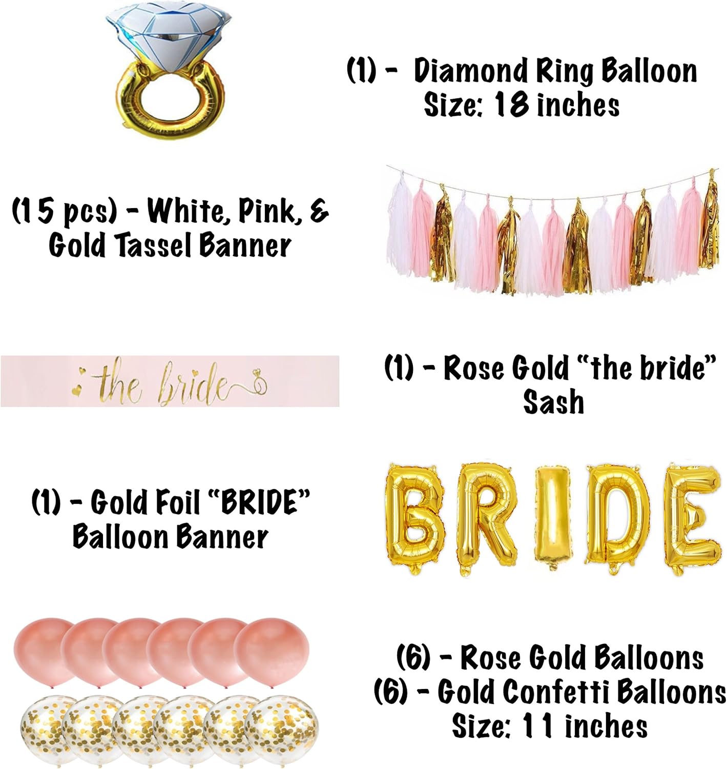 Bachelorette Party Decorations Pack Includes: Gold Foil Bride Balloon Banner Garland, Bride to be Sash + Rose Gold & Gold Confetti Balloons + Diamond Ring Balloon + Cute Bachelorette Tassel Banner : Home & Kitchen