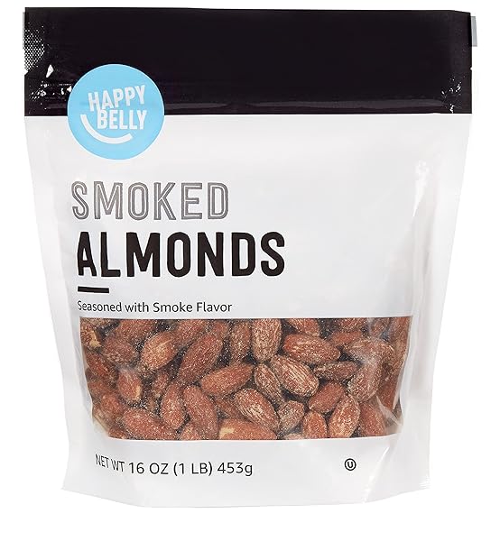 AMAZON BRAND – HAPPY BELLY SMOKED ALMONDS, 16 OUNCE (PACK OF 1)