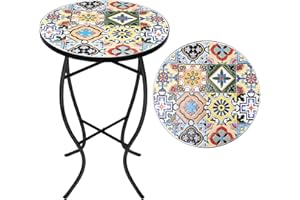 VCUTEKA Outdoor Mosaic Side Table - Small Patio Table Coffee Table Outside Accent Table Round End Plant Table for Bistro Balc