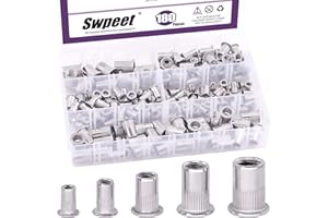 Swpeet 181Pcs 304 Stainless Steel #8-32#10-24 1/4"-20 5/16"-18 3/8"-16 Rivet Nuts Assortment Kit, Flat Head Threaded Insert N