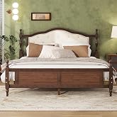 KEIKI Queen Bed Frame with Upholstered Headboard, Modern Platform Bed with Wood Slats &amp; Panel Footboard, Solid Pine Wood Construction, No Box Spring Needed, Walnut