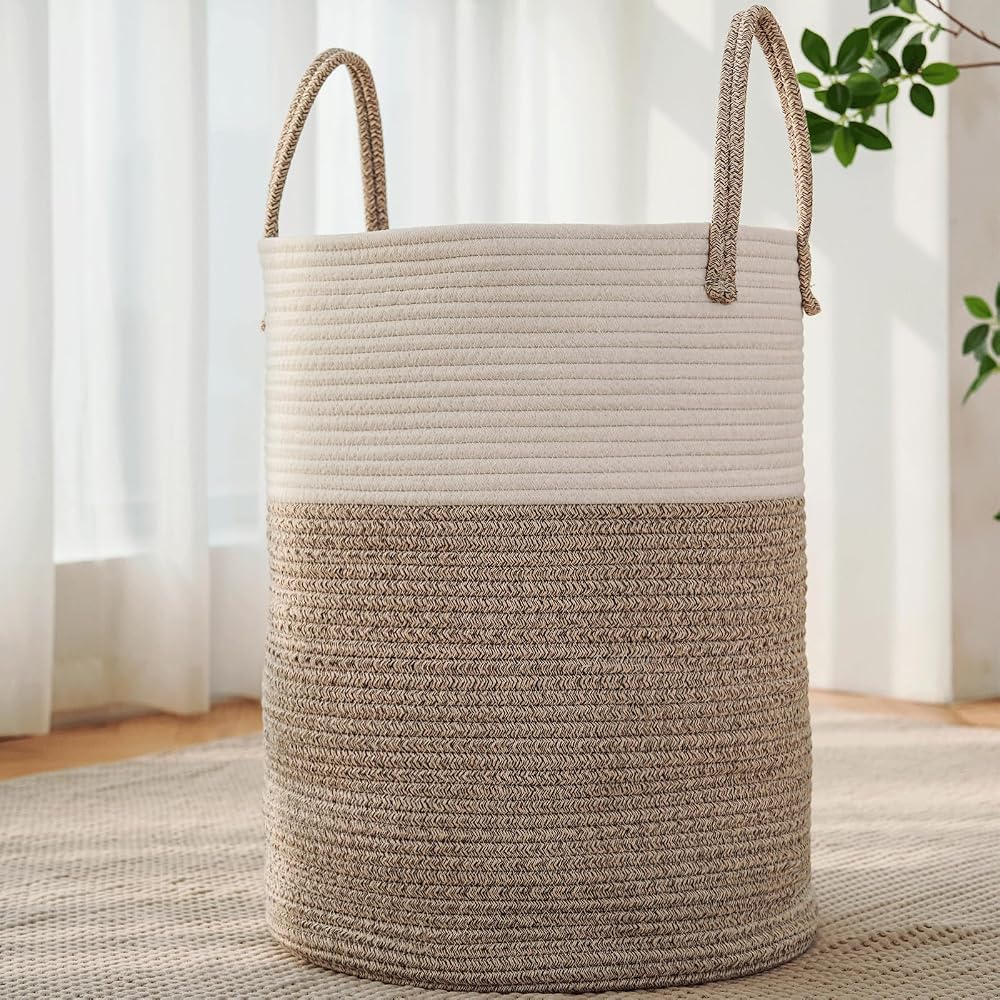 JMvicyroam 60L Cotton Rope Laundry Basket Hamper, Brown | Collapsible Laundry Basket, Reinforced Handles, Freestanding, Machi