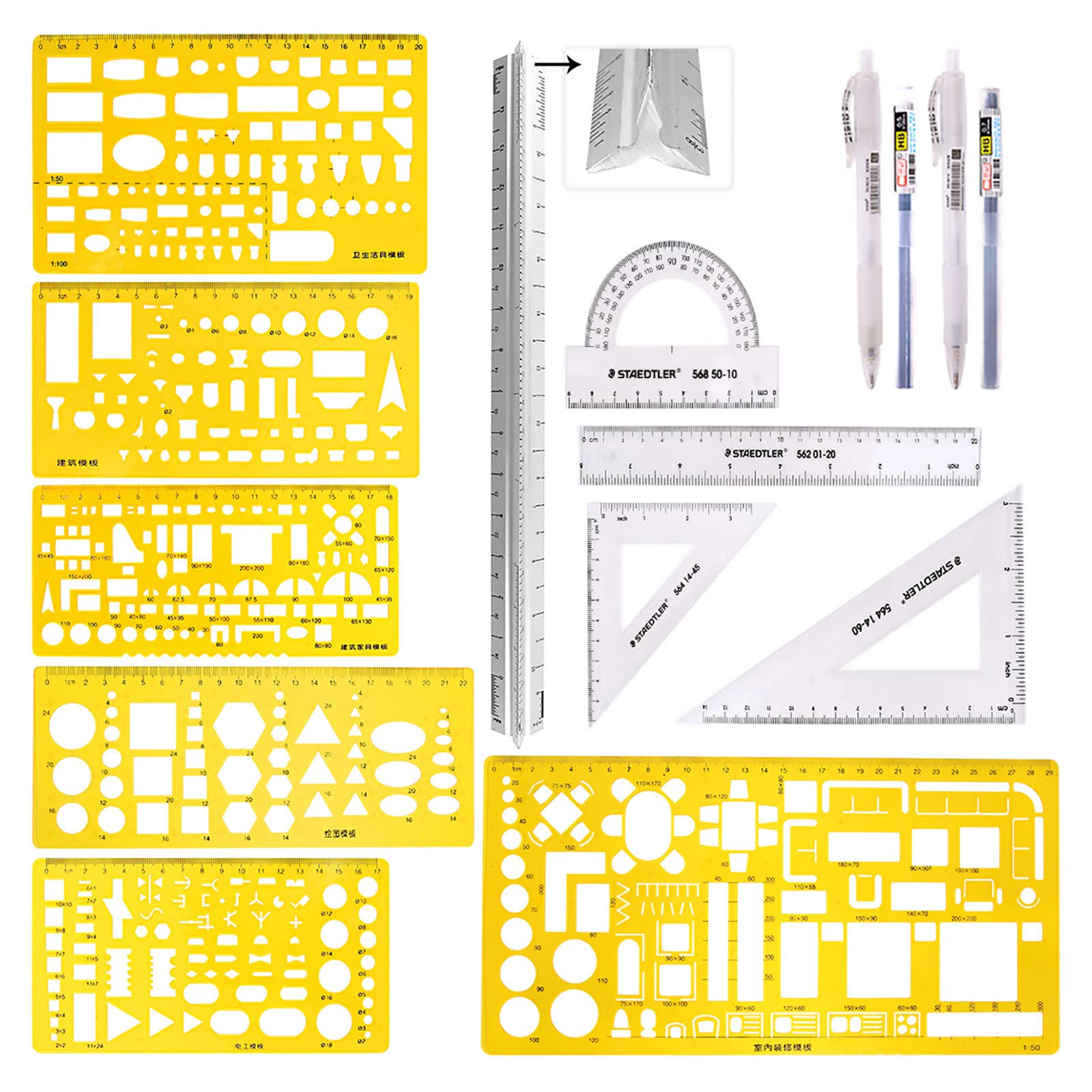 Swpeet 12Pcs Plastic Yellow Geometric Drawings Templates Kit, 4 Different Geometric Measuring Drawings Templates Stencils with 2Pcs Pencil and 4Pcs Measuring Ruler for Drawing Engineering