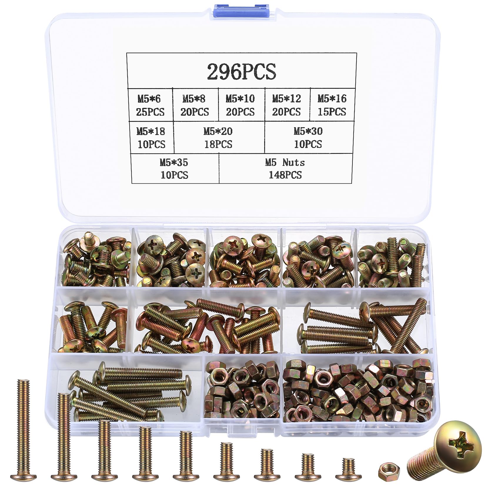 296 Pcs M5 Bolts and Nuts Set, Cross Pan Head Nuts and Bolts Set, Round Head Phillips Screws, Assorted Machine Screws with Nuts Assortment for Home Office Industrial