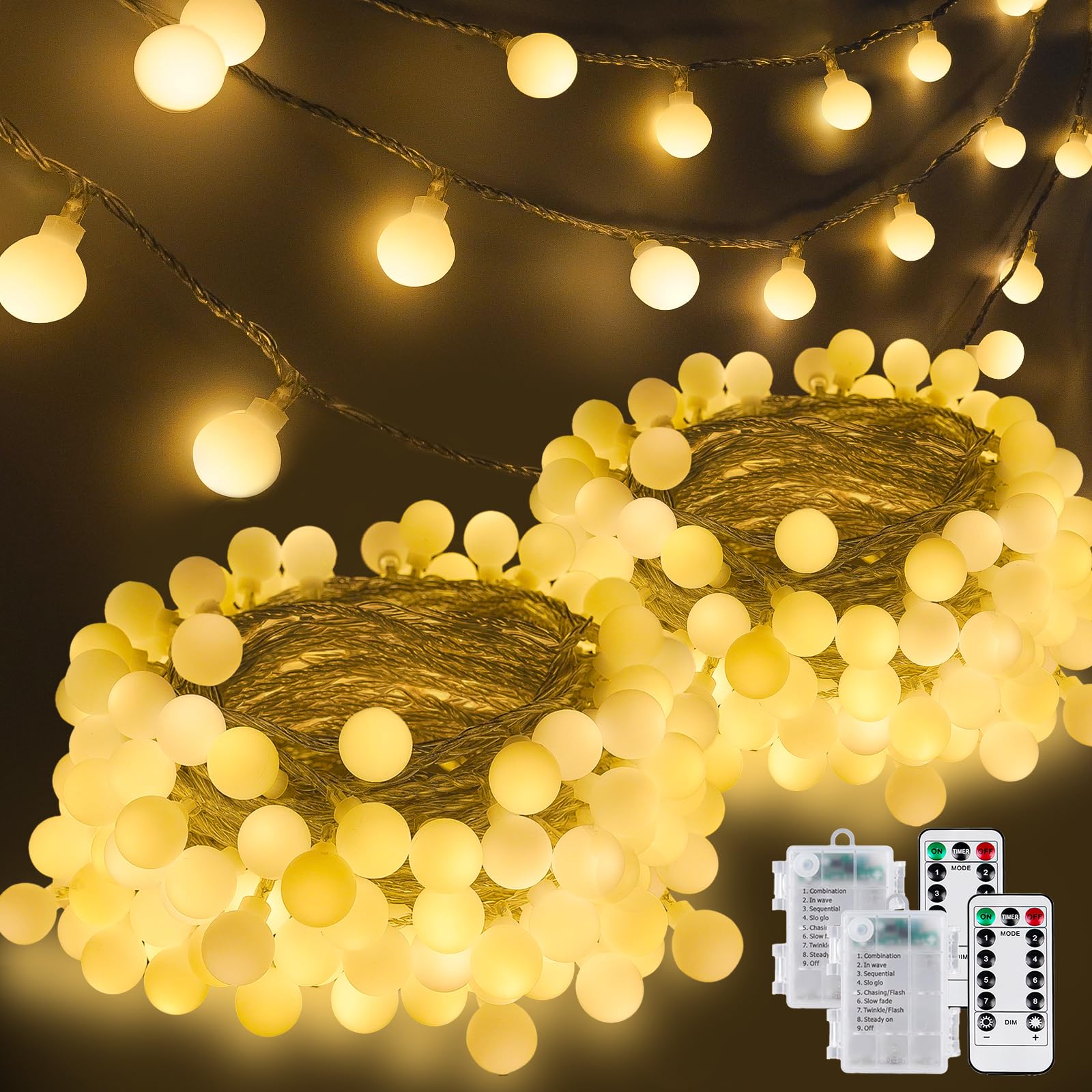 Photo 1 of 2 Pack Battery Operated Christmas String Lights - 45FT 100 LED Fairy Lights with Remote, Waterproof Globe Light Indoor Outdoor 8 Modes with Timer for Bedroom Classroom Dorm Christmas Decor, Warm White