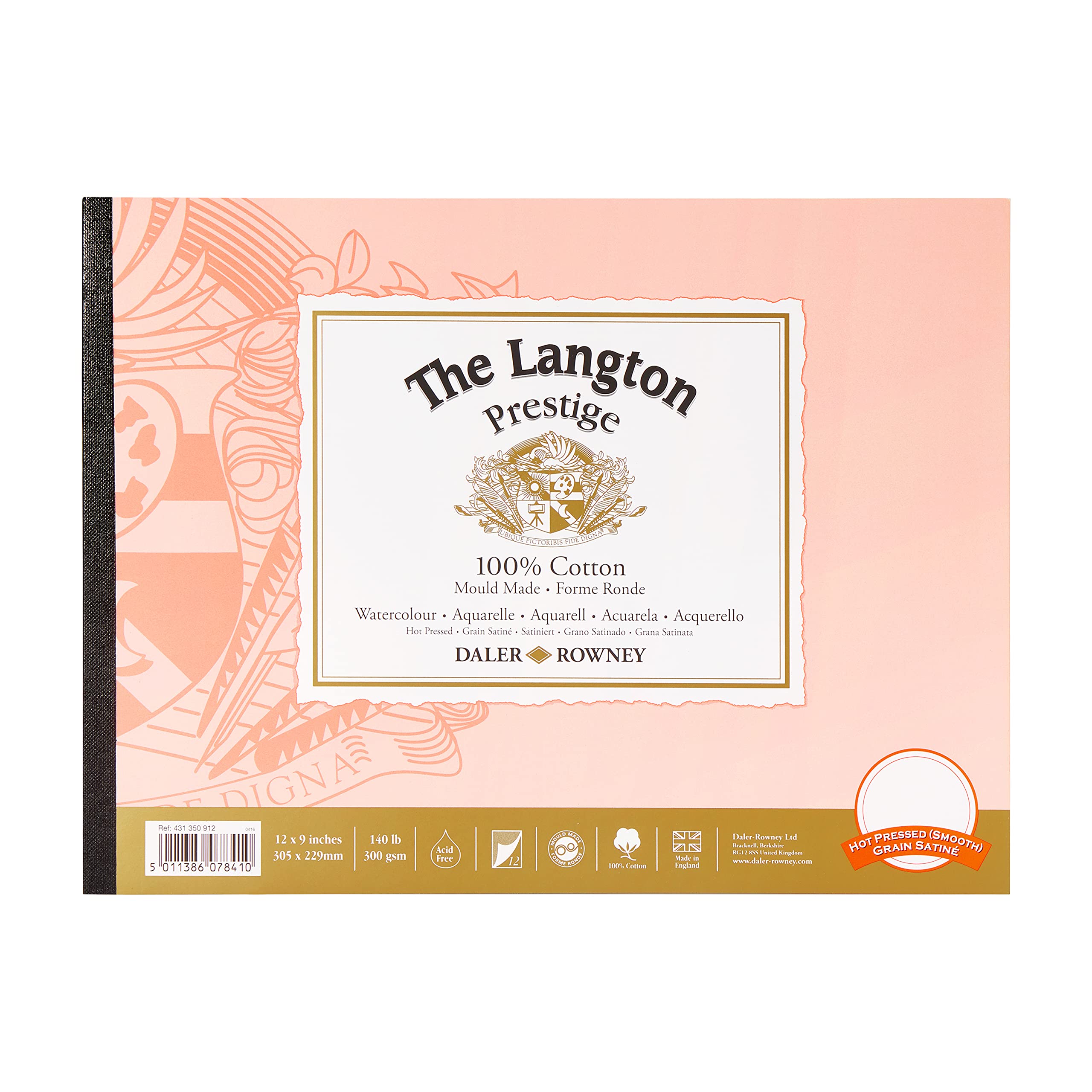 Daler-Rowney The Langton Prestige Hot-Pressed Watercolour & Gouache 300gsm 12 x 9 in Paper Pad, Glued 1 Side, 12 Natural White Sheets, For Professional Artists & Students