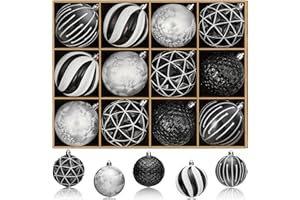 JORNOY Christmas Tree Ornaments Set of 12, 3.15inch/80MM Shatterproof Plastic Xmas Tree Ball Ornaments Bulk Decorative Hanging Baubles for Xmas Tree Decor Holiday Party Decorations, Black & White