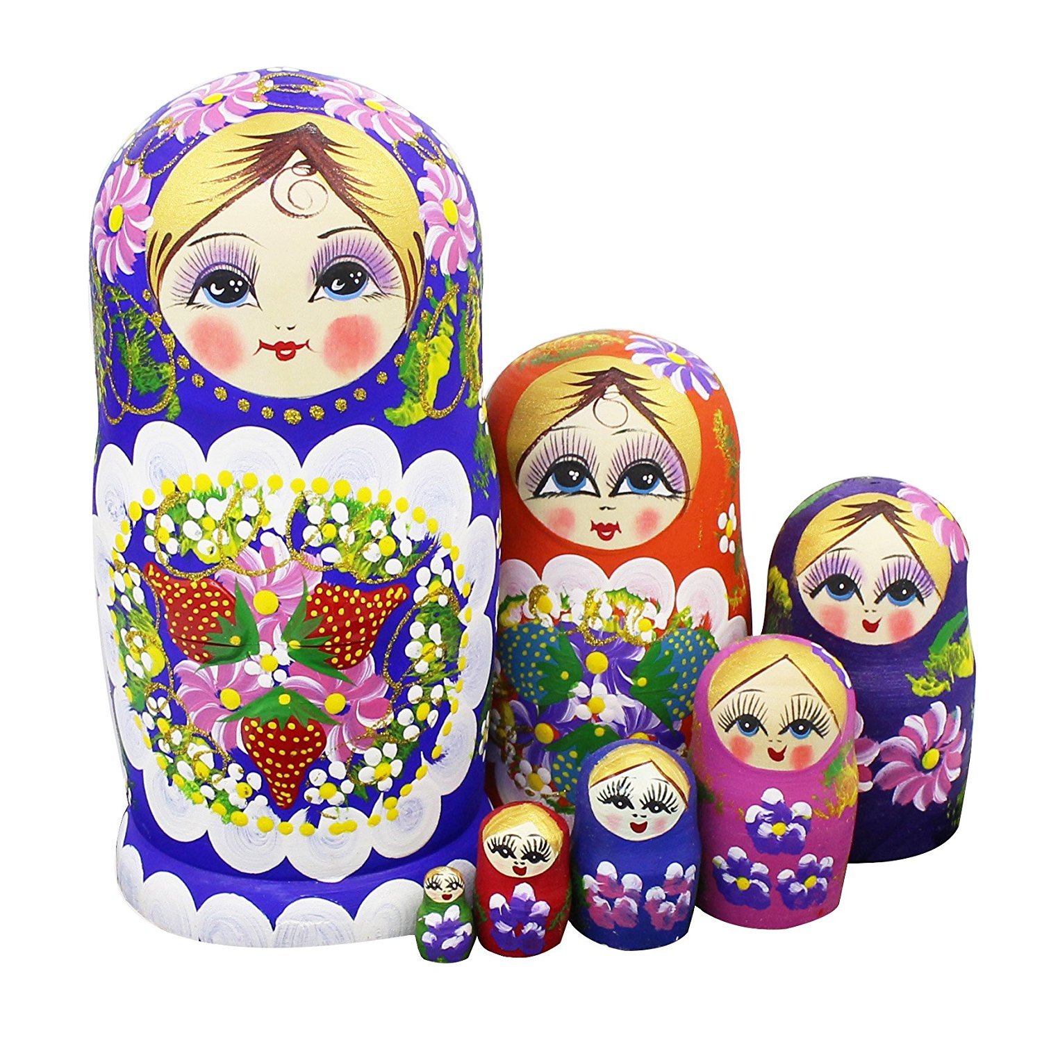 Winterworm® Set of 7 Berries and Flowers Patterns Wooden Nesting Dolls Matryoshka Russian Doll