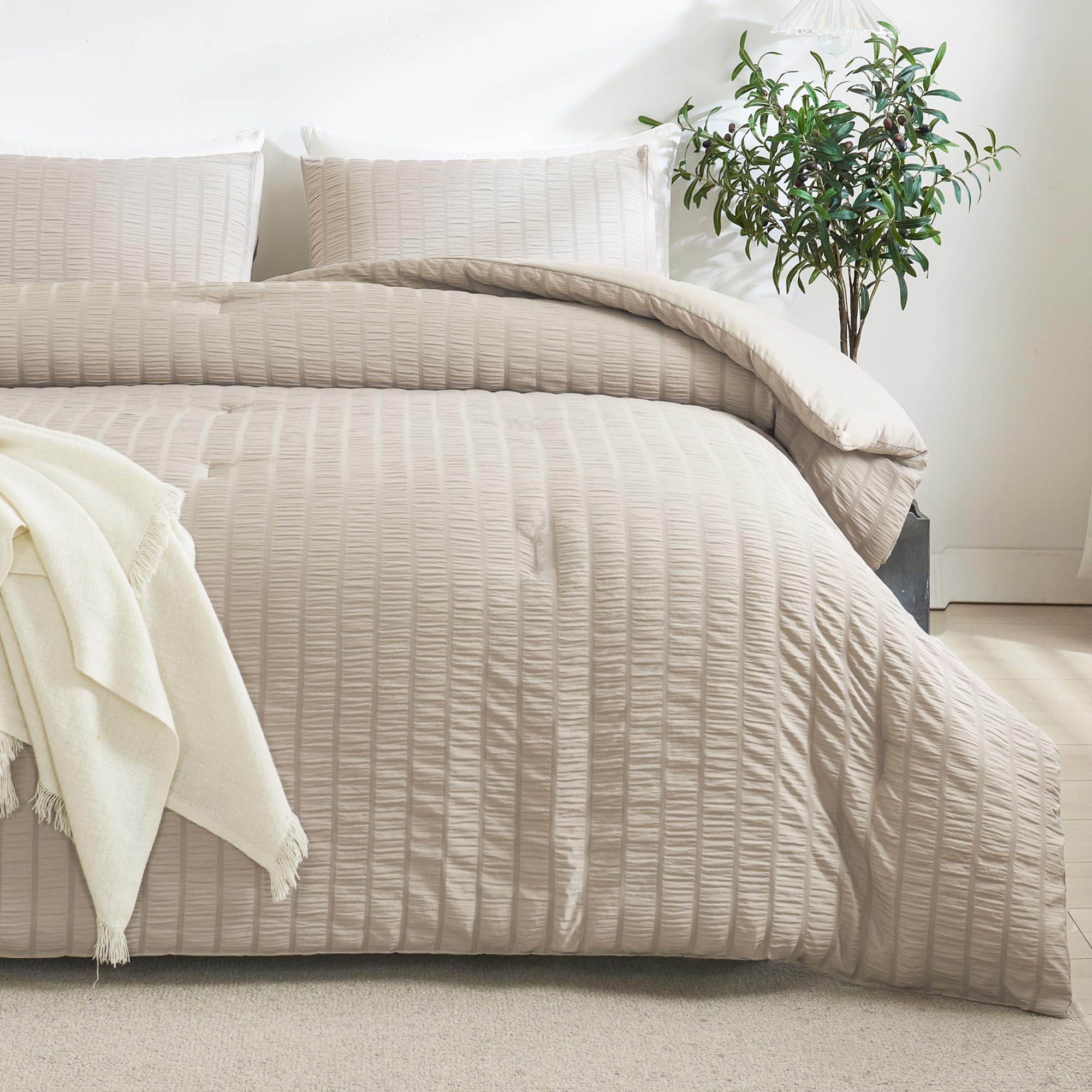 Andency Khaki Comforter Set Queen, 3 Pieces Beige