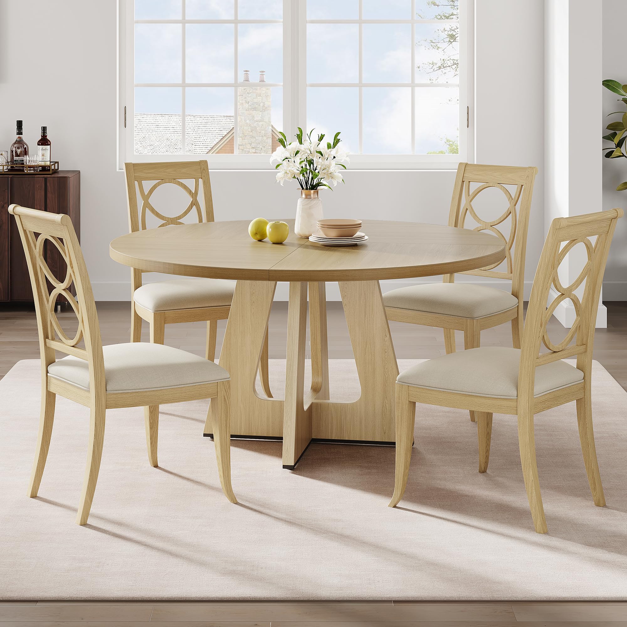 Photo 1 of IDEALHOUSE 47" Round Dining Table Set for 4 to 6, Farmhouse Kitchen Table with Wooden Top and Pedestal Base, Circle Dinner Table for Dining Room - Burlywood (No Chairs)