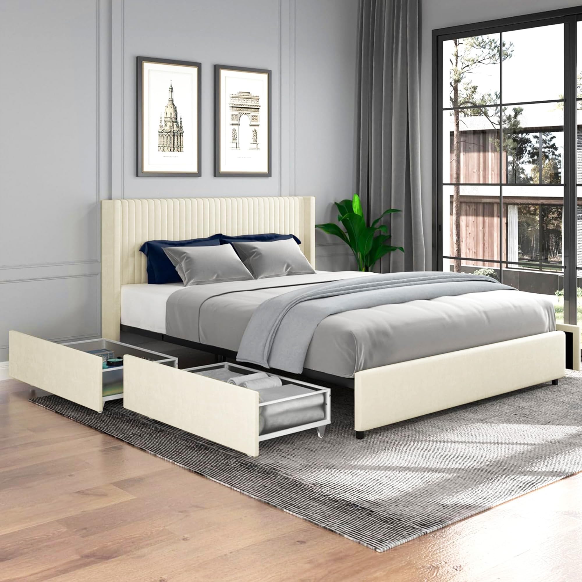 Photo 1 of Dolonm Queen Size Upholstered Bed Frame, Platform Bed with Patented 4 Drawers Storage and Headboard, Button Tufted and Wingback Design, Mattress Foundation with Wooden Slats Support, Ivory Velvet