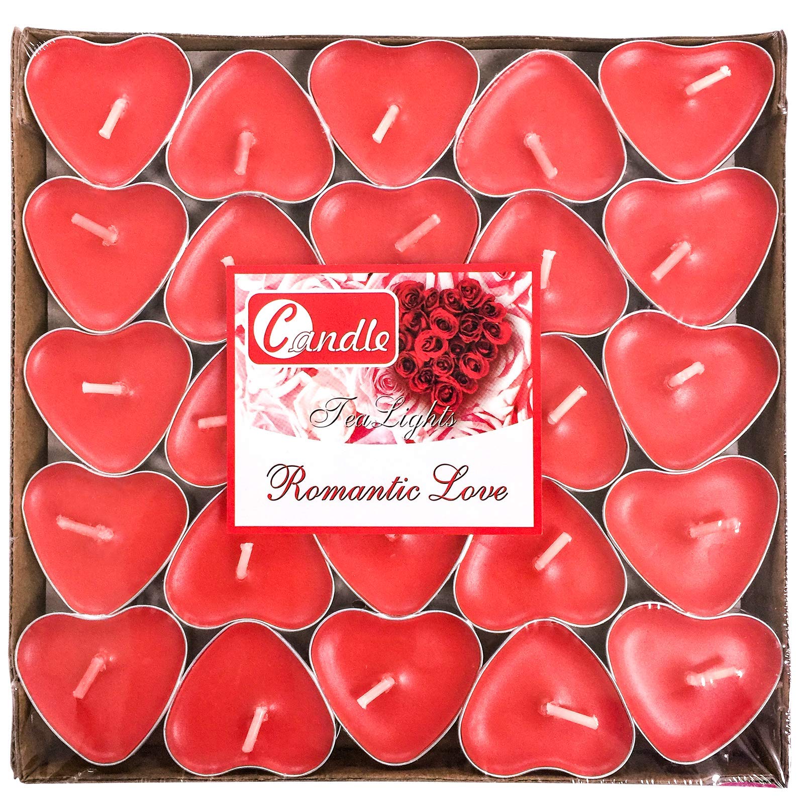 50Pack Heart Shaped Tealight Candles(25x2 Layers),Romantic Love Unscented Tea Lights Candles,Dripless & Long Lasting Smokeless Mini Tealight Candles for Romantic Decor,Pool,Home,Wedding (Red)