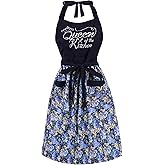 HYVOROS Cute Floral Aprons for Women with Pockets,Cotton Adjustable Neck Strap Apron for Kitchen Cooking Baking Gardening