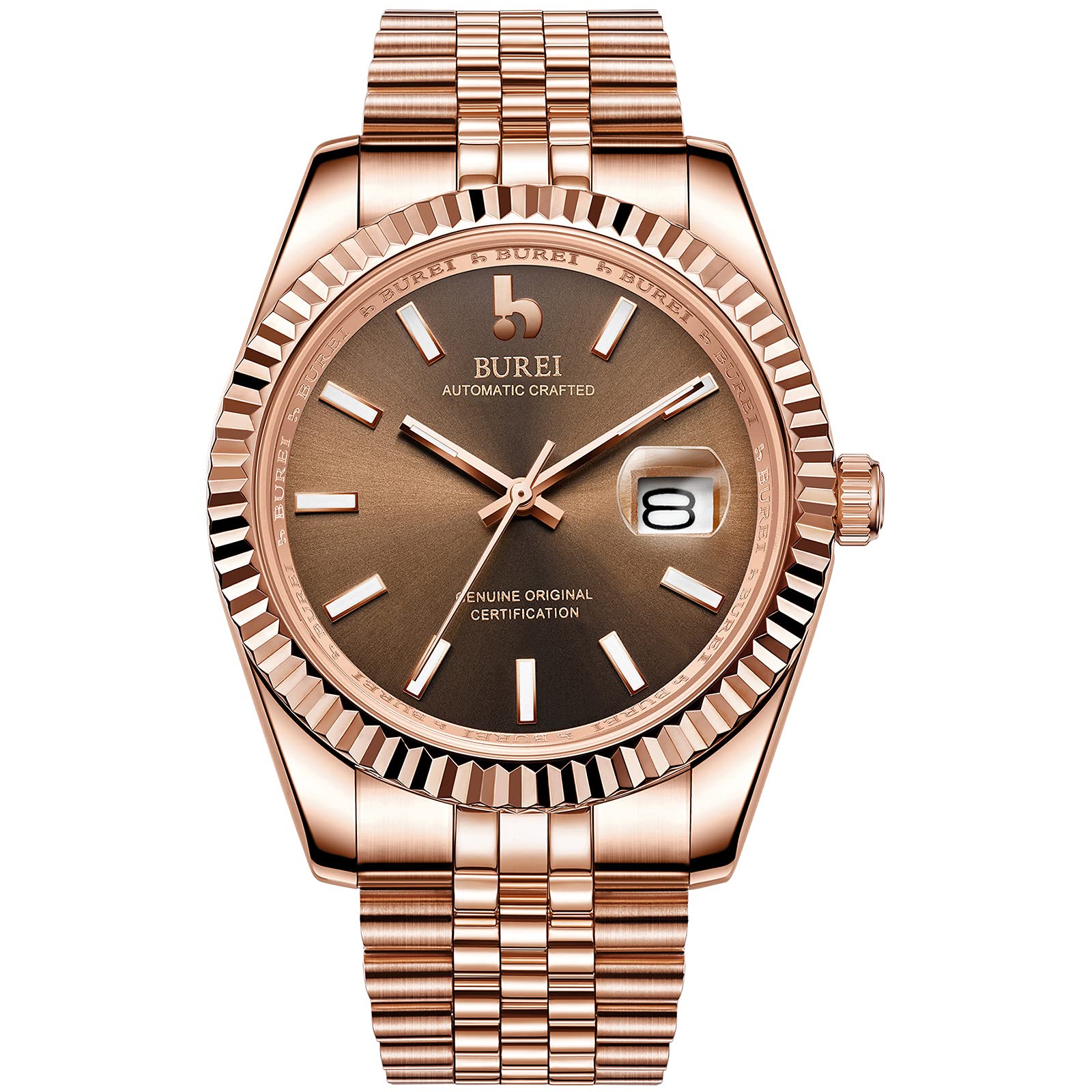 BUREI Herren Automatikuhr Elegantes Modell Klassisches Design Japanisches Automatikwerk Synthetisches Saphirglas Edelstahlgeh?use und -Band (Dark Rose)