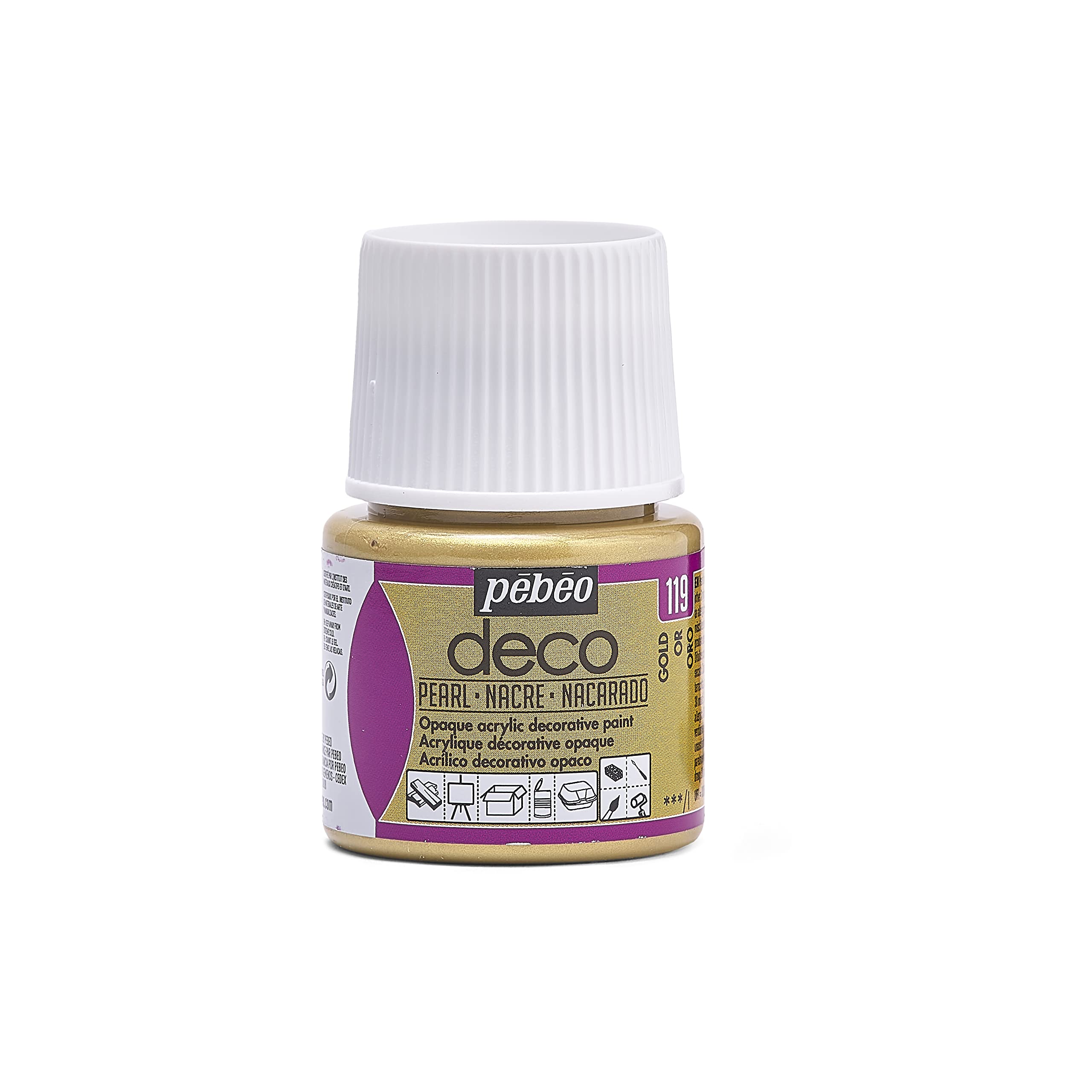 Pébéo - Deco Pearl - Multi-Surface Acrylic Paint - Opaque Colour, High Light Fastness - Pearl Finish, Gold Colour - 45ml Bottle