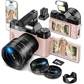 Yatao 6K WiFi Flip Screen Digital Camera, Mic &amp; Fill Light for Photography | Compact Vlogging Camera for YouTube &amp; Beginners, 16X Zoom Dual Lens with 64GB Card, Perfect for Content Creators,Pink
