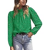 PRETTYGARDEN Tops for Women 2026 Spring Long Sleeve Blouses Dressy Casual Embroidered Eyelet Shirts Fall Going Out Outfits