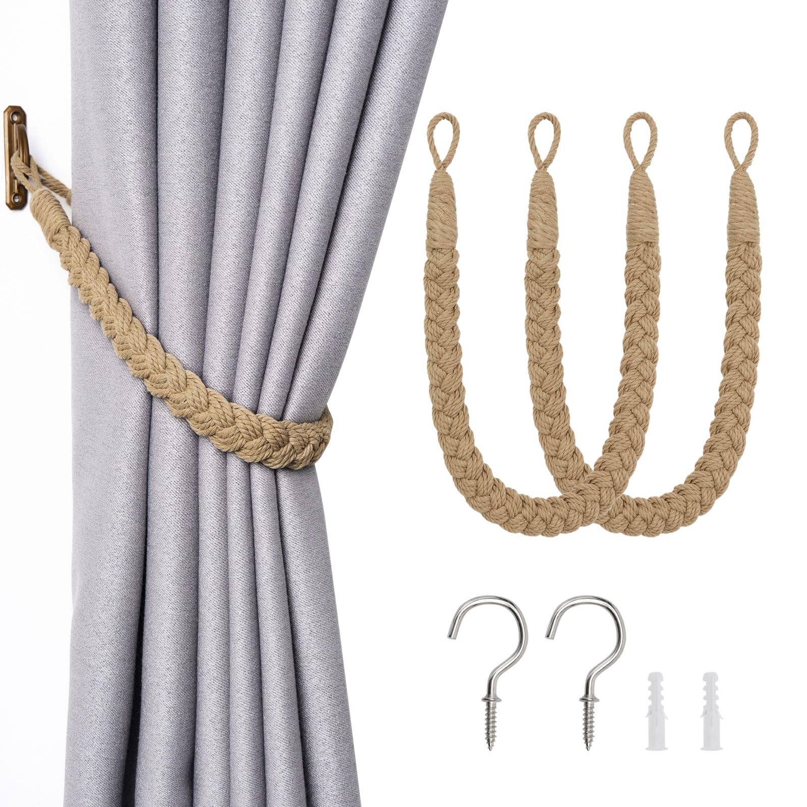 Pretty Jolly 2 Pack Natural Cotton Rope Curtain Tiebacks Elegant Boho Style Decorative Drape Tie Backs Soft Hand-Woven Rope Curtain Holdbacks with Metal Hook for Home & Office Drapery (Khaki)