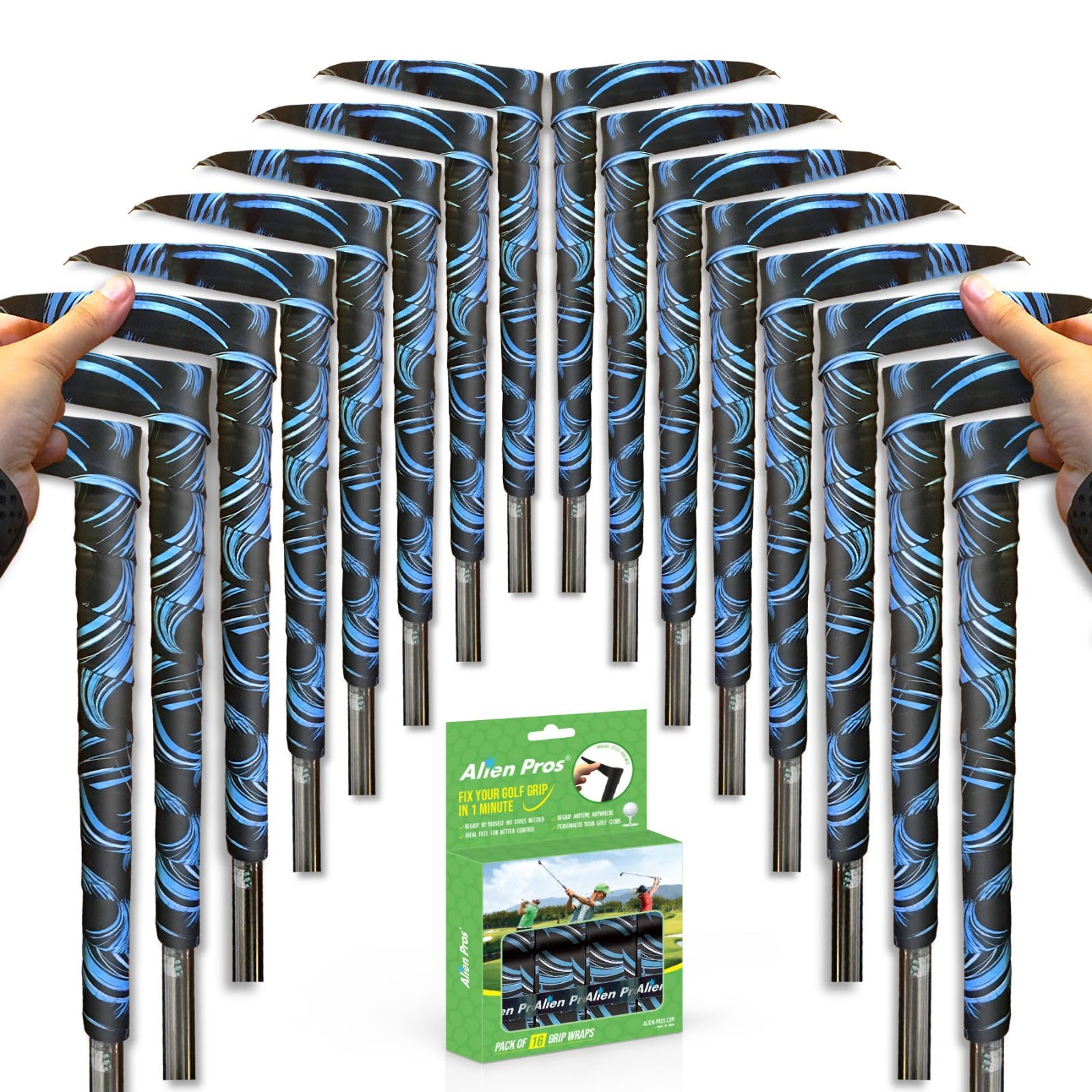 Alien Pros Golf Grip Wrapping Tapes (16-Pack) - Innovative Golf Club Grip Solution - Enjoy a Fresh New Grip Feel in Less Than 1 Minute (16-Pack, Blue Waves)