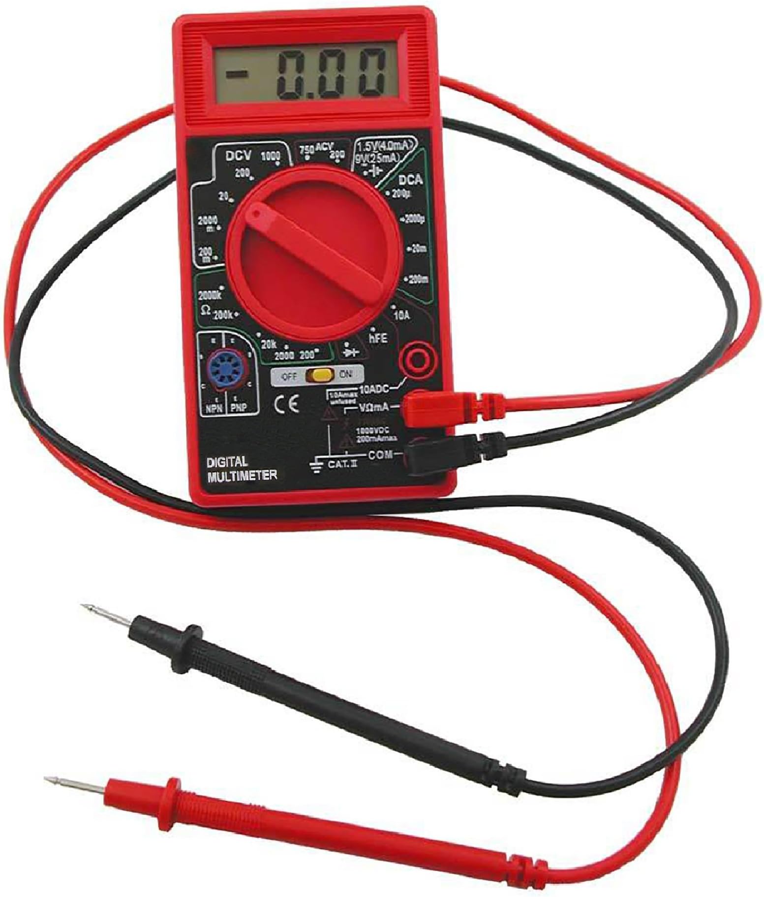 Digital Multimeter, (DMM) with Test Leads - Checks Voltage (AC/DC Volts), Resistance/Ohms, Current (10 Amps @15s/500 MA), Diode, Transistor (NPN/PNP), Battery Tester Checker (Multi Meter) with ON/OFF
