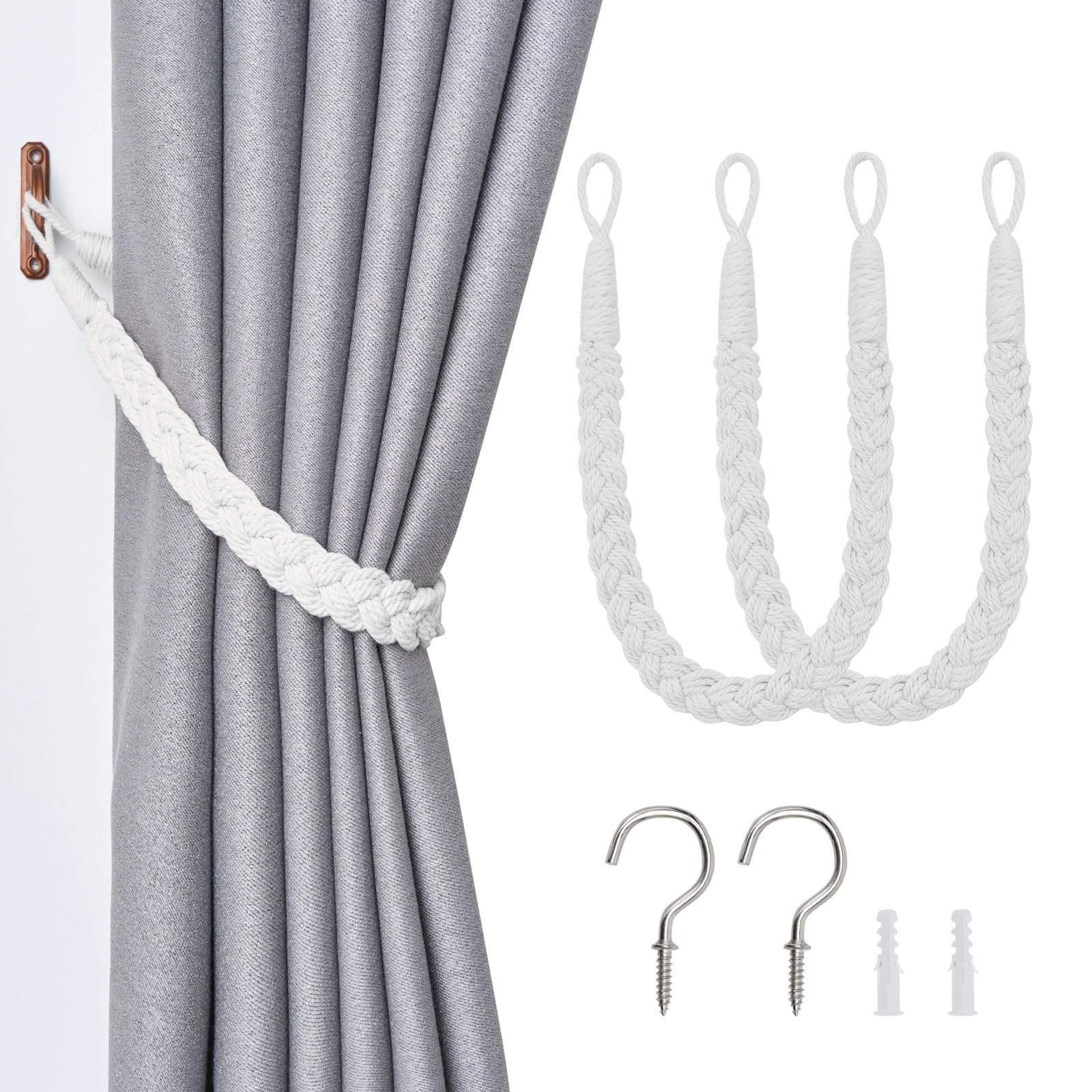 Pretty Jolly 2 Pack Natural Cotton Rope Curtain Tiebacks Elegant Boho Style Decorative Drape Tie Backs Soft Hand-Woven Rope Curtain Holdbacks with Metal Hook for Home & Office Drapery (White)