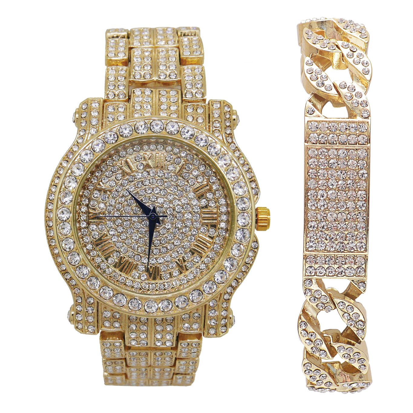 Charles Raymond Bling-ed Out Silver Round Luxury Mens Watch w/Bling-ed Out Bracelet - L0504B, L0504RN ID Cuban Gold, mens, L0504B (L0504RN ID Cuban Gold)