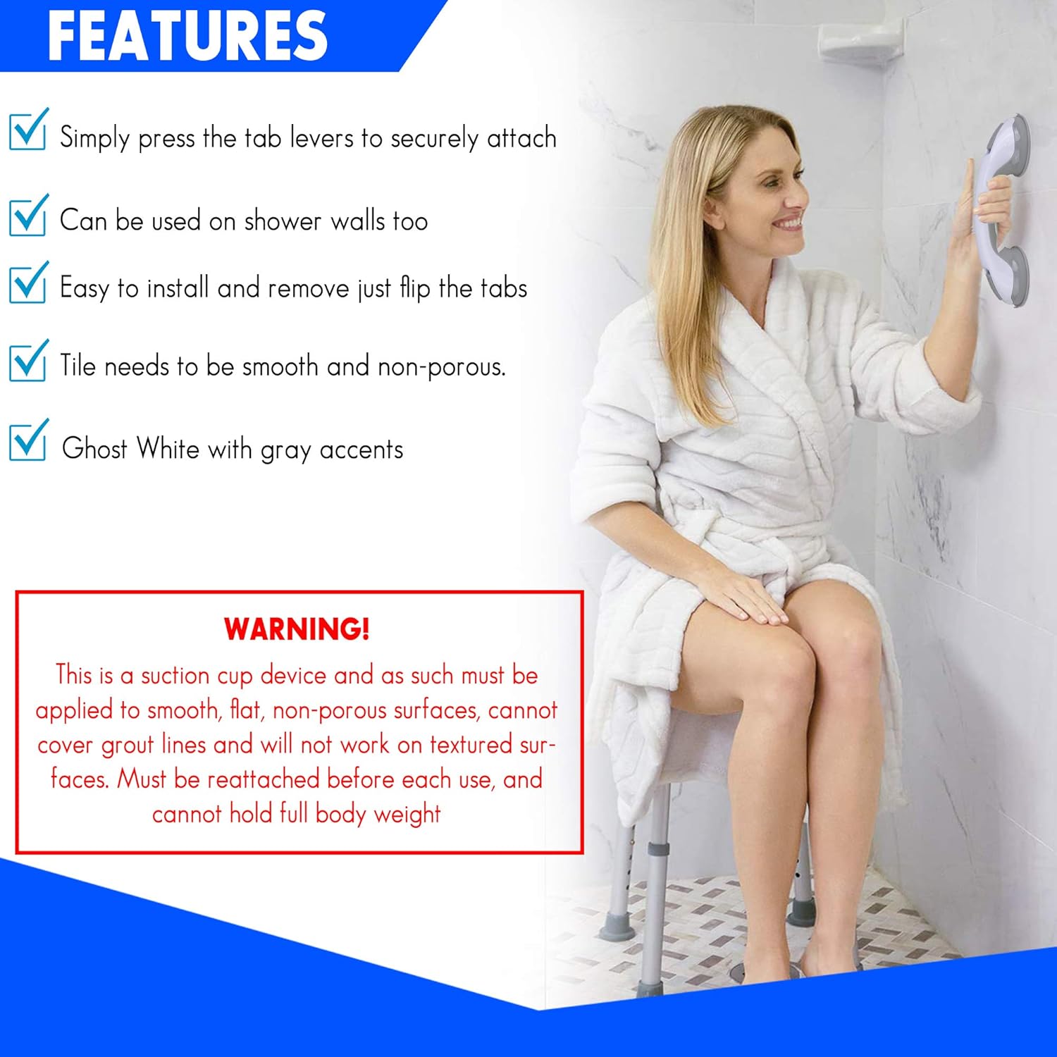 2 Pack Suction Shower Grab Bar Shower Handle & Bathroom Balance Bathtub Handle - Heavy Duty Hand Rail Support Non Slip Tool-Free Installation - Safety Grab Bar for Handicap, Elderly, Injury & Kids: Health & Personal Care