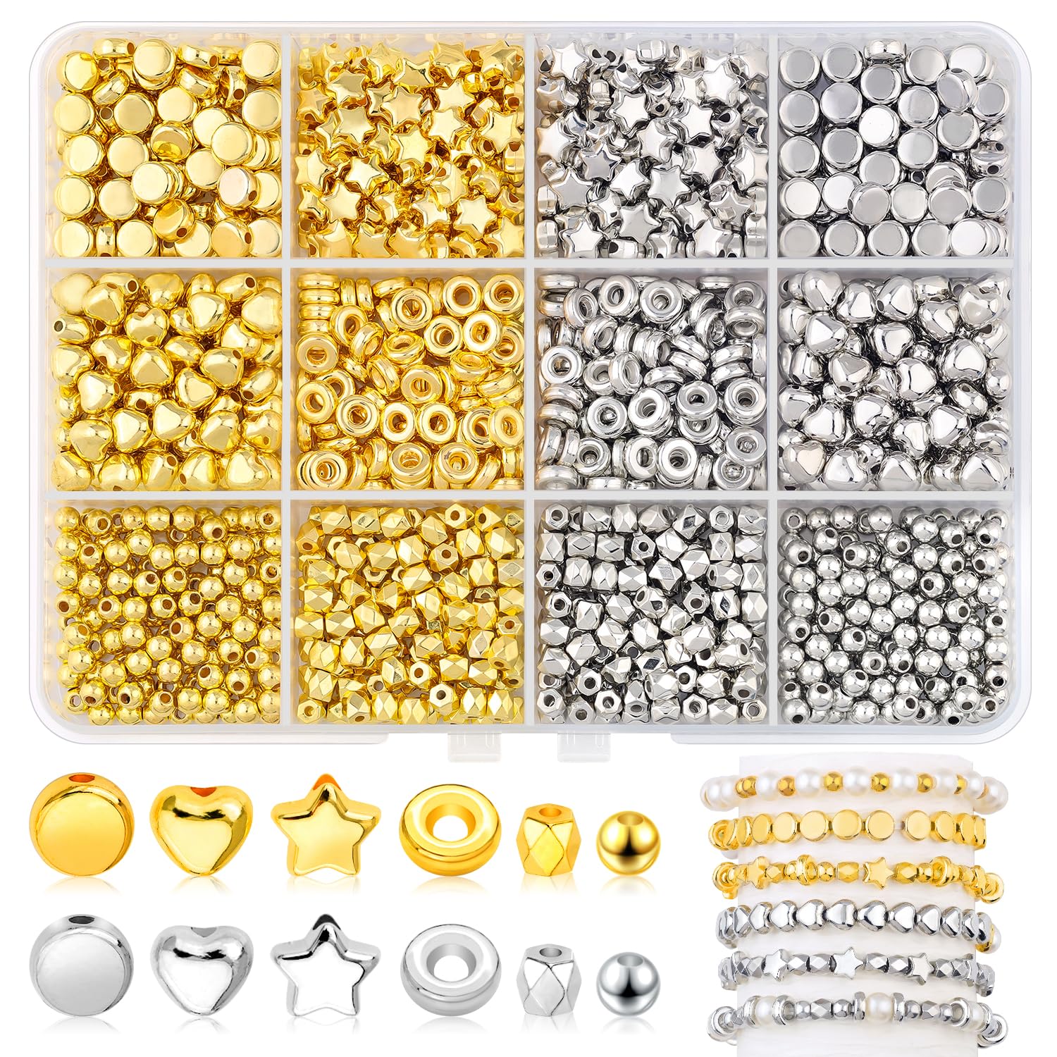 Photo 1 of 1120Pcs Assorted Gold Spacer Beads, Shine CCB Round Heart Star Flat Rhombic Beads for Jewelry Making,Multiple Shapes Acrylic Mini Beads Set for DIY Bracelet Necklace Crafting?Gold,Silver?