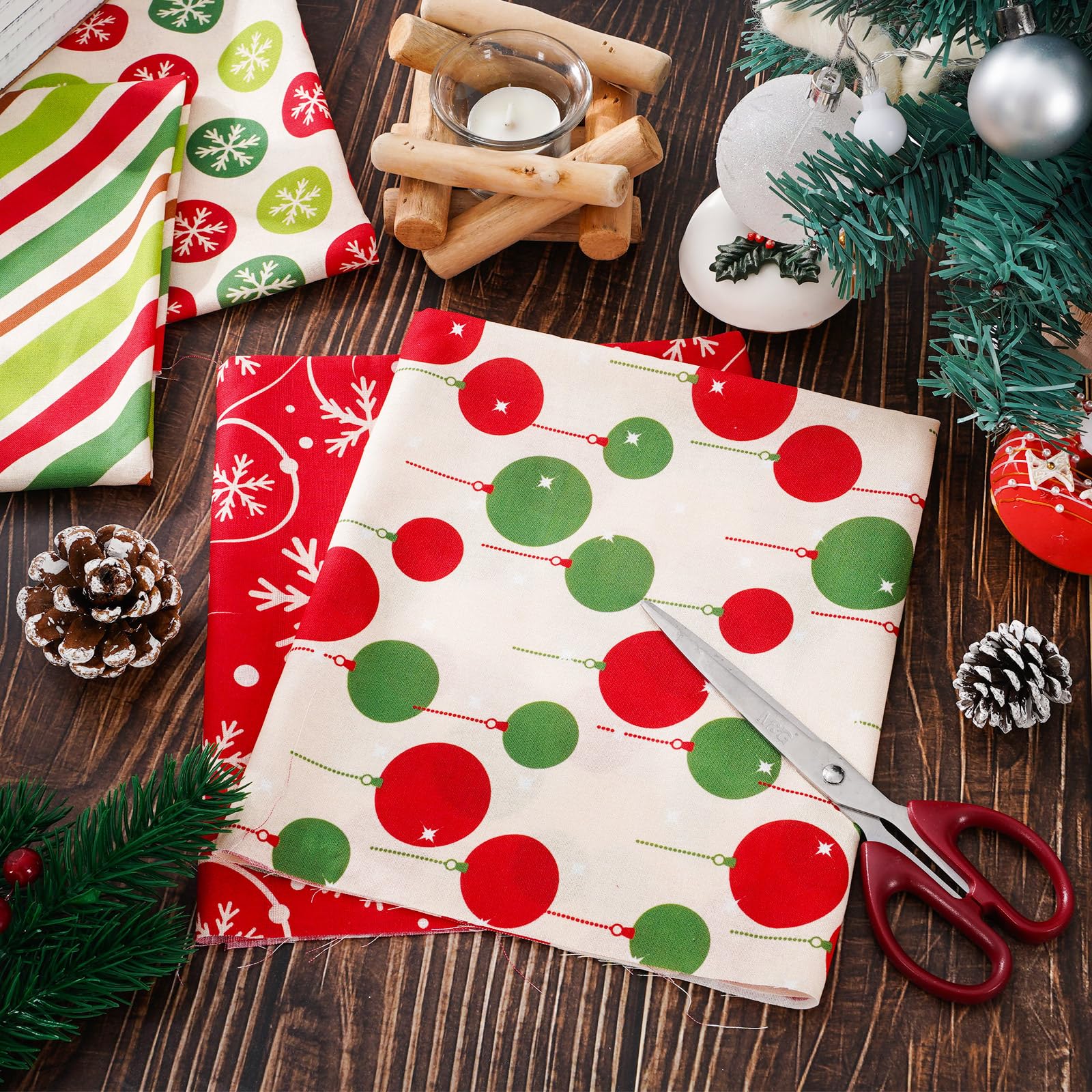 Whaline 12Pcs Cotton Fabric Bundles Xmas Tree Snowflake Dot Stripe Printed Fat Quarters Holiday Sewing Fabrics for Christmas DIY Handmade Crafting, 18 x 22 Inch