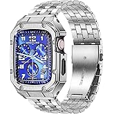 MioHHR Stainless Steel Watch Case with Bands Compatible with Apple Watch Band 45mm, Metal Cover bumper with iWatch Bands for Apple Watch Series 9/8/7, Silver