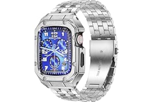 MioHHR Stainless Steel Watch Case with Bands Compatible with Apple Watch Band 45mm, Metal Cover bumper with iWatch Bands for Apple Watch Series 9/8/7, Silver