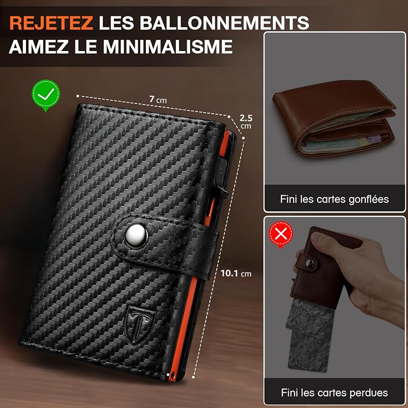 Portefeuille Homme en Fibre de Carbone | Portefeuilles avec Compartiment à Billets & Monnaie | Porte Carte Bancaire Homme avec Blocage RFID | Porte-Cartes de Crédit Bancaire Anti (Noir- Orange)